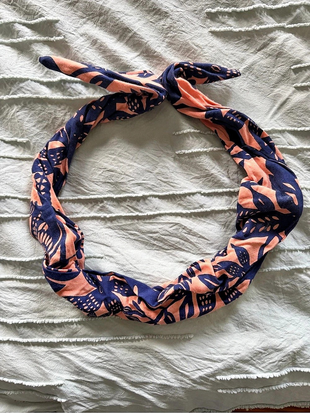 Fair Trade, Ethically Made Noonday Blue & Pink Printed Hair Scarf Twist 2 Close